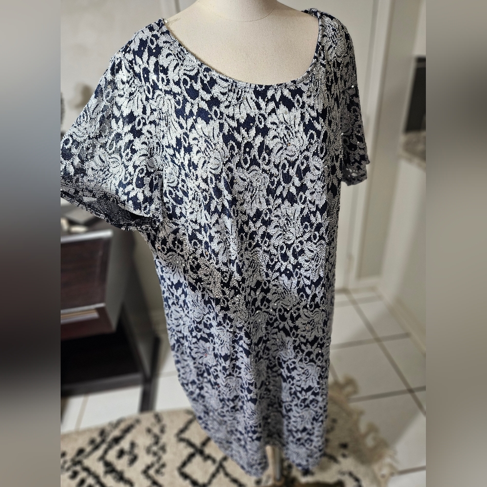 navy and grey lace with sparkles;  dress size 3x